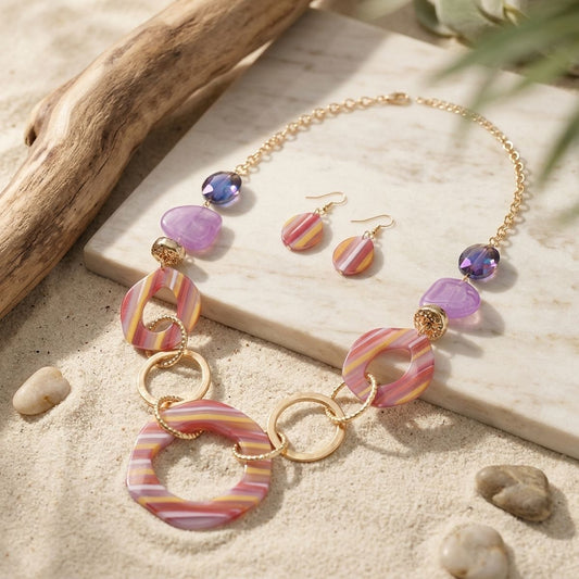 Long Fuchsia Stripe Mixed Elements Link Necklace