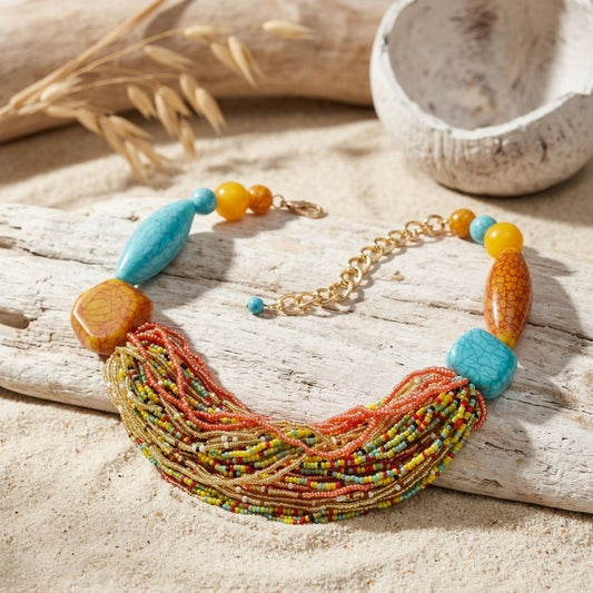 Vibrant Retro Seed Bead and Cracked Bead Necklace